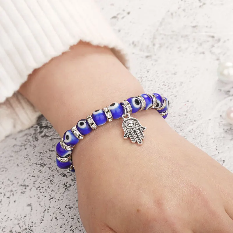

Fashion Silver Color Evil Bracelet Blue Eye Bracelets Hamsa Hand for Women Bead Charm Bracelet Ethnic Style Handmade Jewelry