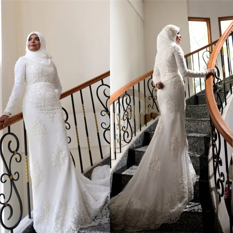 

Modest Long Sleeves Muslim Lace Appliques Wedding Dress Mermaid Beading Islam Bridal Gowns Middle East Wedding Dress