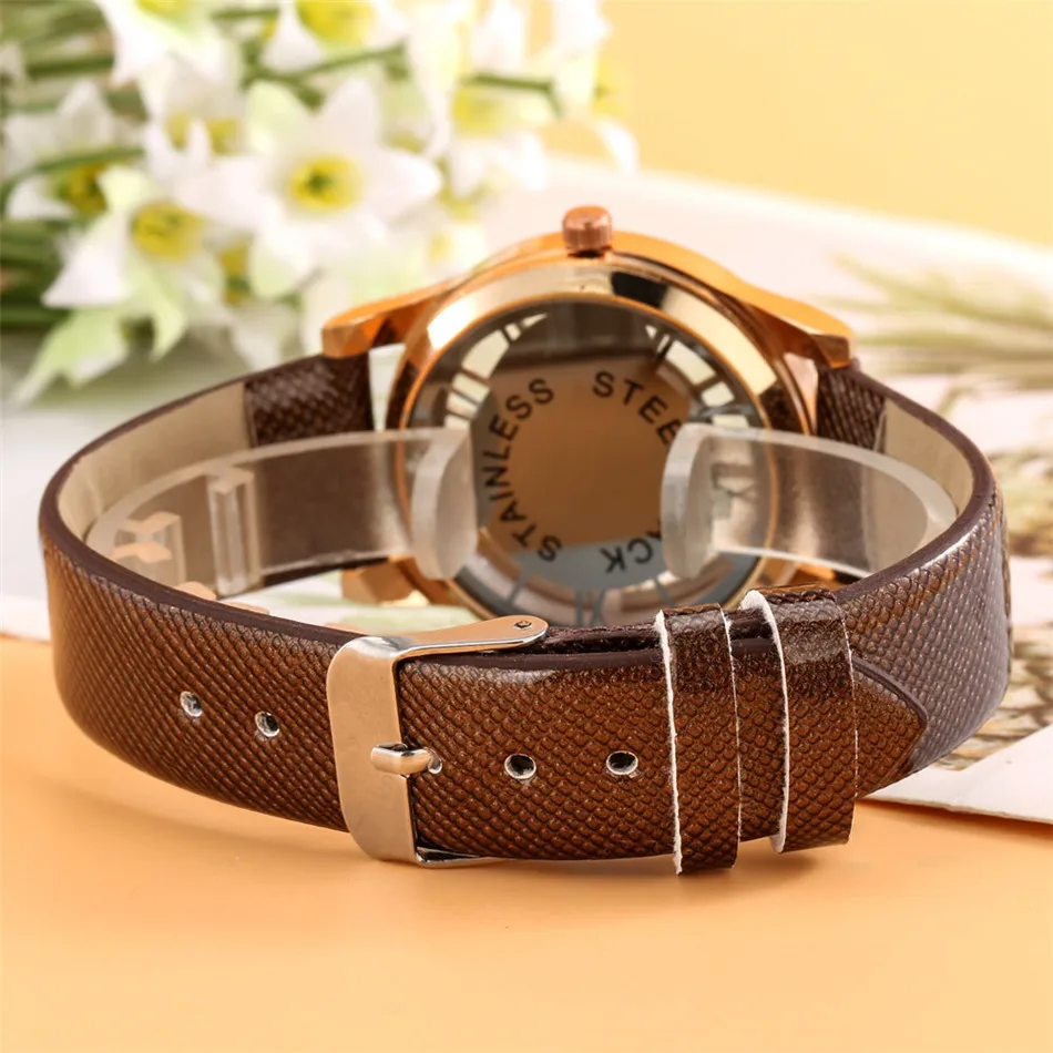 

Decorated Rhinestones Transparent Hollow Women's Watches White/Coffee Brown PU Leather Quartz Wristwatch Female Casual Watch