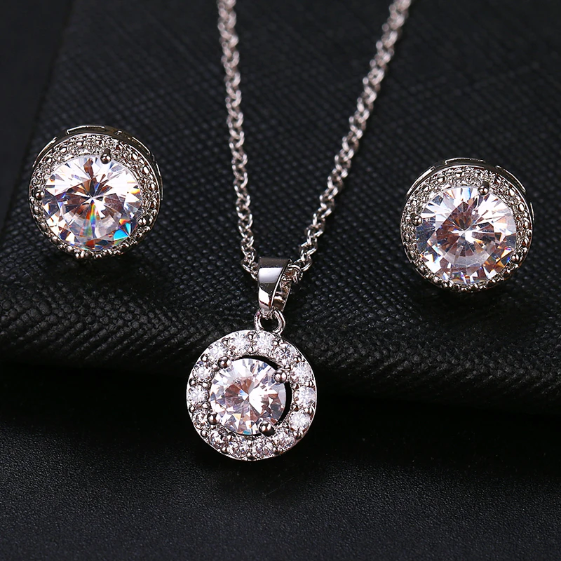 Set White Gold Модные роскошные круглые циркониевые Женские Ювелирные наборы с серебряными кристаллами, серьги и ожерелье, вечерние свадебные комплекты - Окраска металла: Set White Gold