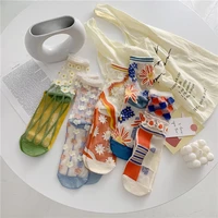 japanese style crystal silk socks novelty harajuku retro summer thin transparent glass socks women girls floral print cute socks