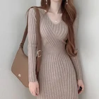 2021 Элегантное Длинное платье-свитер с V-образным вырезом, Женская однотонная одежда, облегающие корейские новые вязаные теплые плотные повседневные зимние платья для женщин