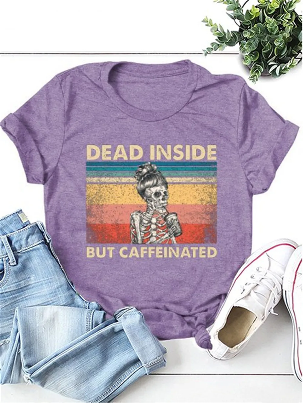 

Skeleton Dead Inside But Caffeinated T Shirt Vintage Coffee Lover Gift Graphic Cotton Tees