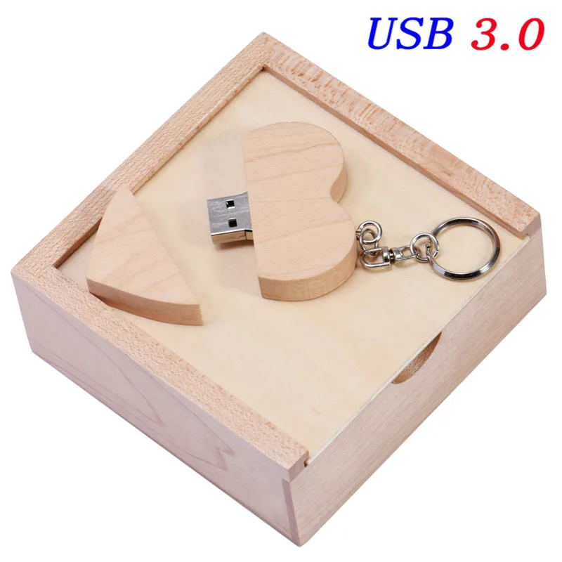 JASTER USB 3.0 wooden Heart-shaped usb+box pendrive 4GB 8GB 16GB 32GB 64GB 128GB usb flash drive External storage memory stick - Цвет: Maple wood box