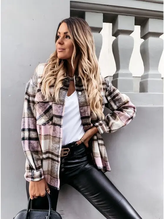 

Womens Plaid Button Down Long Sleeve Wool Blend Tunic Shirt Jacket Shackets
