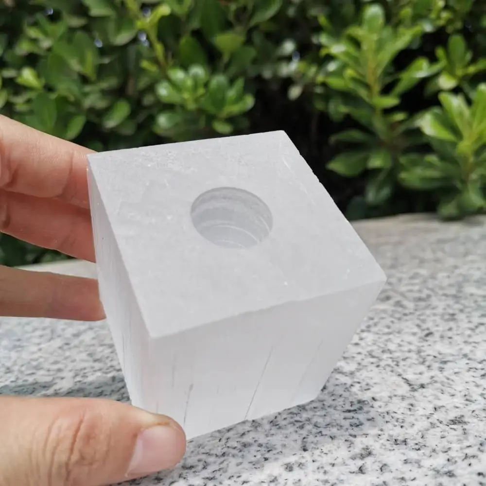 

Natural white selenite Candle Holder cube handmade lamp Crystal Crafts Home Decoration