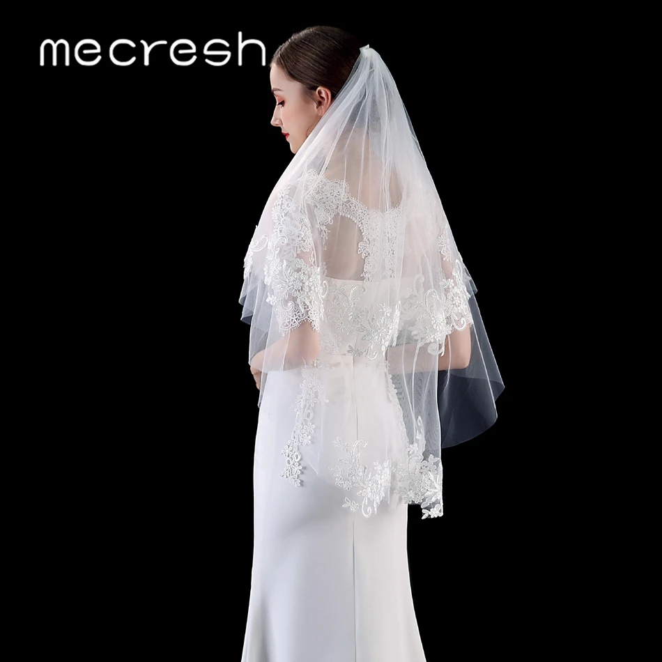 Mecresh двухслойная кружевная Цветочная Фата с гребнем белого бежевого цвета длиной