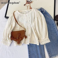 mudkingdom little girls shirts solid print lace long puff sleeve crew neck buttons tops for girl spring fashion kids clothes