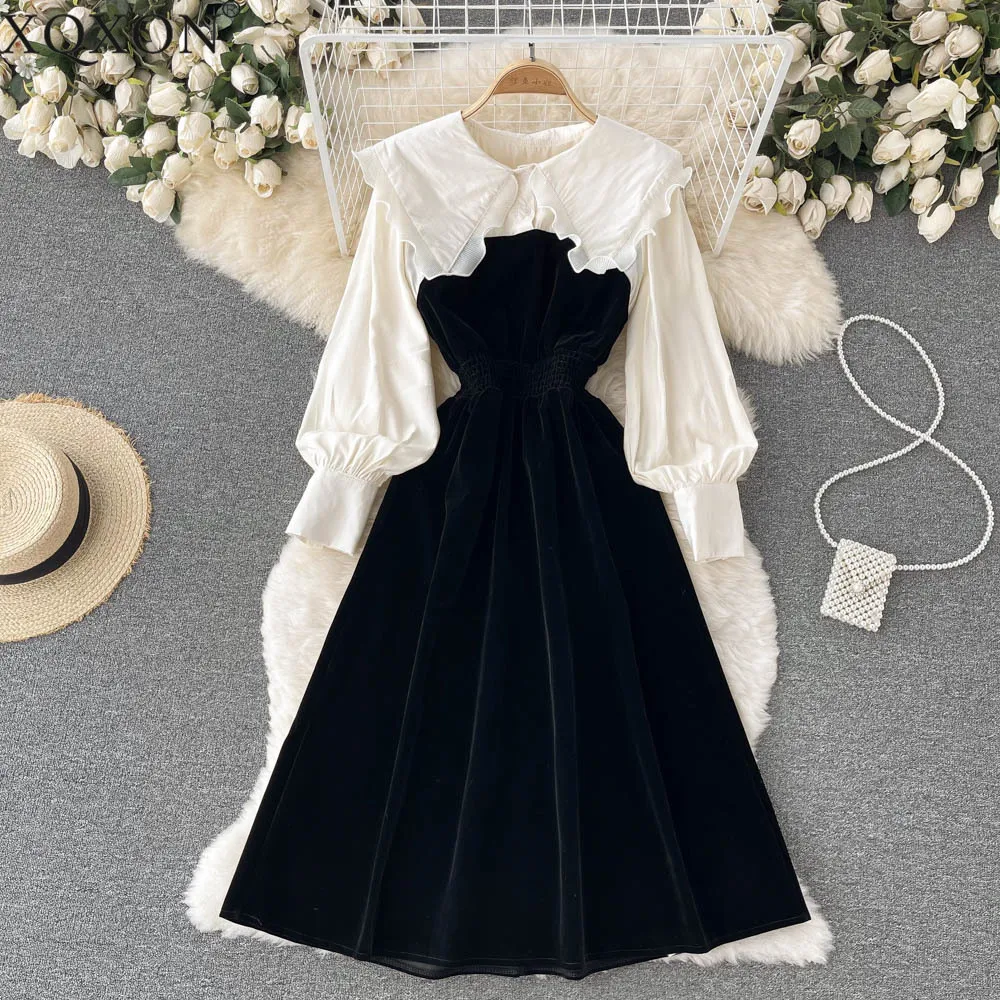 

French dress female autumn and winter 2021 new college style big lapel contrast stitching retro velvet dress vestidos mujer