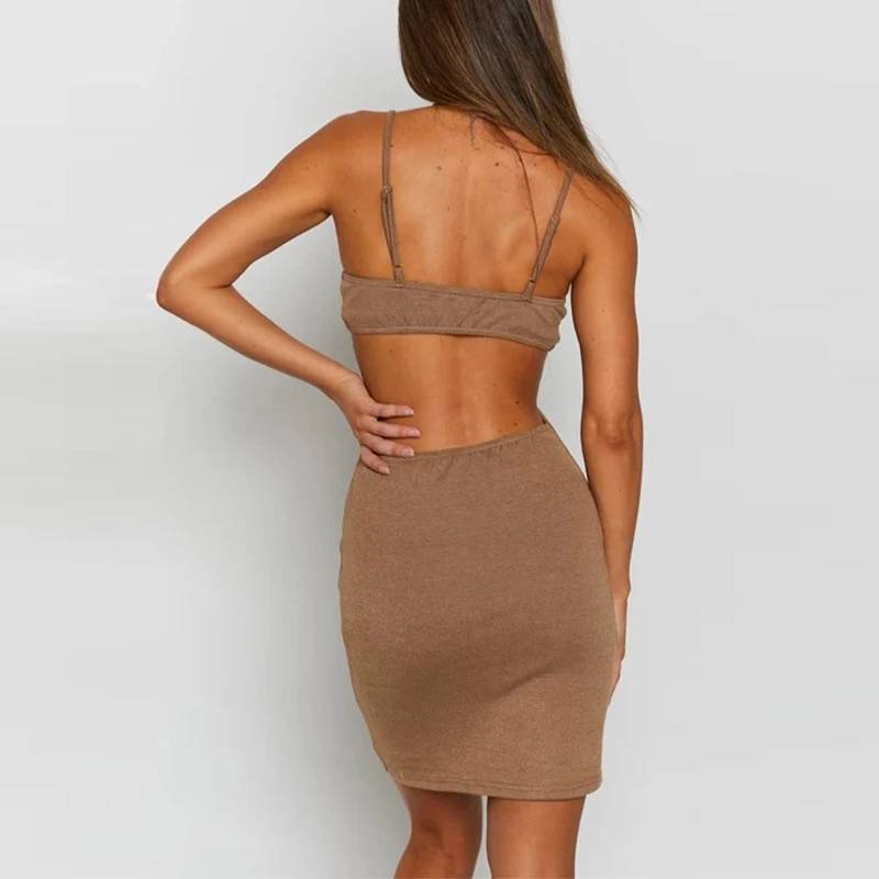 

Women's Solid Off Shoulder Spaghetti Strap Dress 2021 Summer Patchwork Hollow Out Backless Vestidos Ladies Sexy Slim Dresses