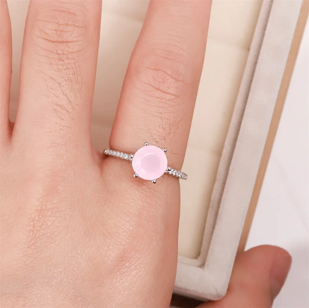 

Best selling European and American S925 silver wedding ring six claw round zircon Lady Pink Crystal jewelry lady gift