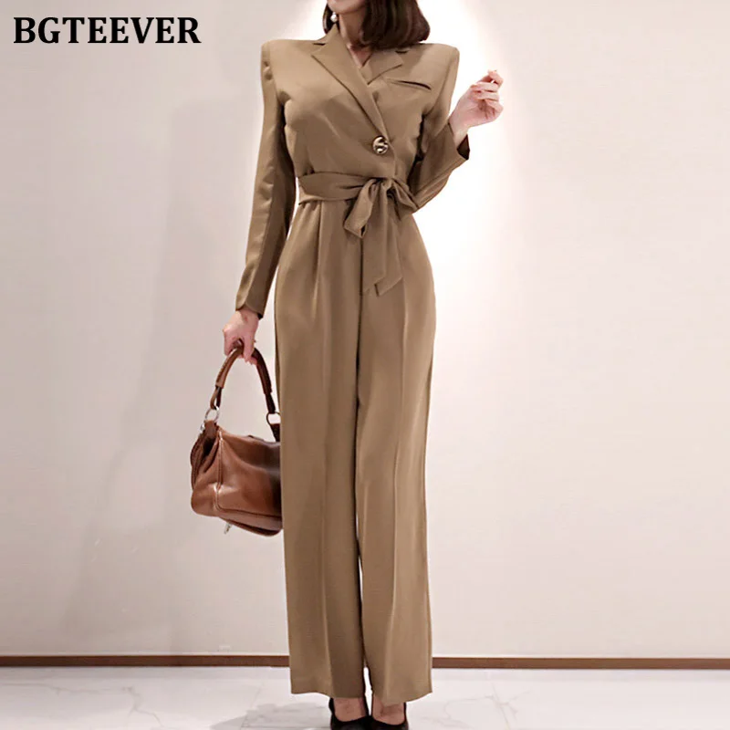 

BGTEEVER Autumn Notched Collar Long Sleeve Single Button Lace-up Women Jumpsuit Elegant OL Style Wide Leg Playsuit Overalls 2020