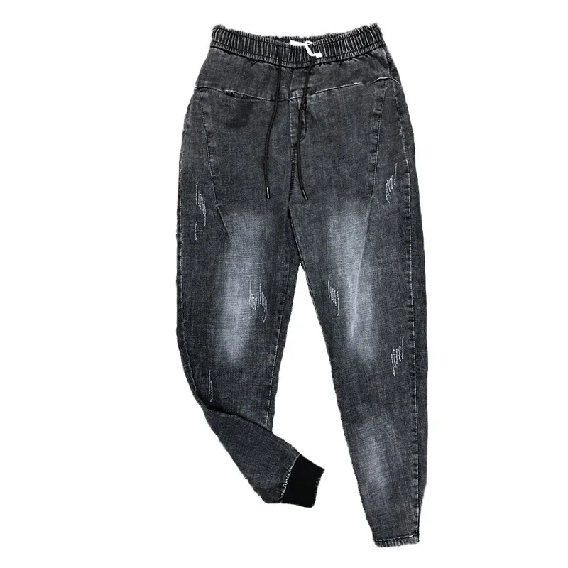 

Men's spring and autumn 2021 Drawstring distressed trendy denim jeans ripped harem trousers slim feet pants trendy men