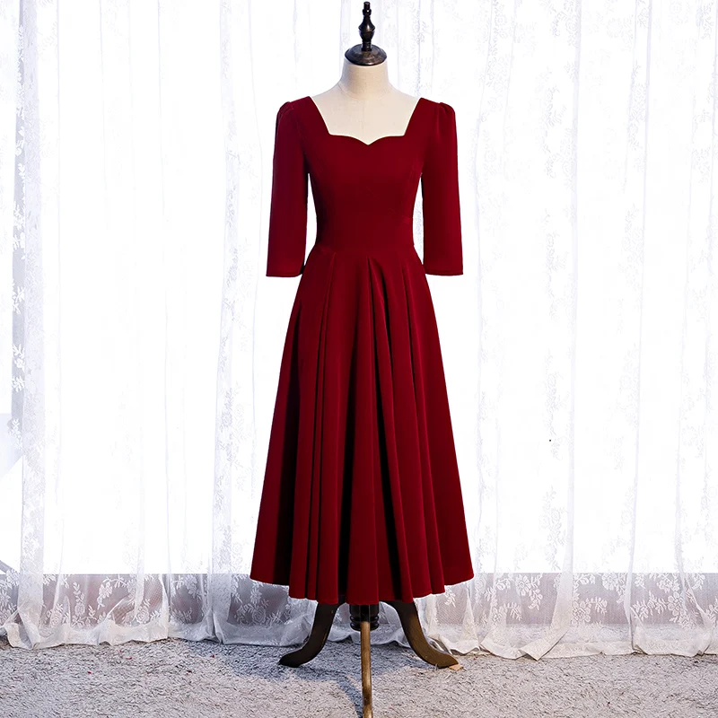 

Новое вечернее платье без бретелек платье трапециевидной формы Чай-длина бордовый простой, с короткими рукавами, застежкой-молнией на спин...