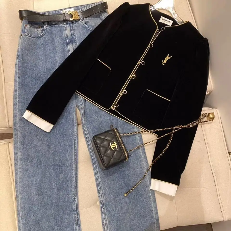 

European station 2021 autumn new gold inlaid velvet color matching coat women's fashion versatile cardigan short top
