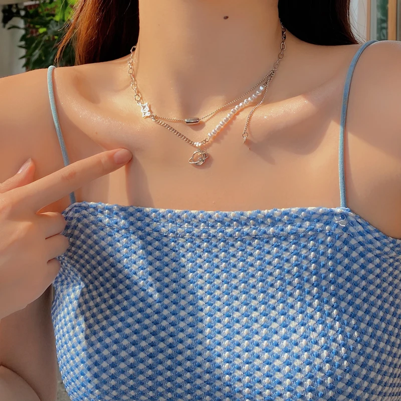 

Fashion Jewelry Planet Simulated Pearl Pendant Necklace 2021 New Design Metal Chain Necklace For Girl Lady Gifts Wholesale