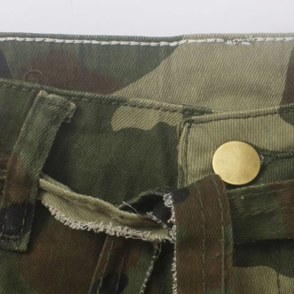 Женские камуфляжные джинсы с дырками и пуговицами на молнии повседневные