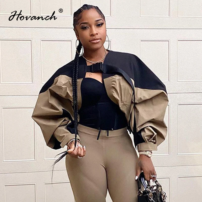 

Hovanch Women's Contrast Stitching Lantern Sleeve Lace Up Short Jacket Coat 2021 Winter Fashion Casual Street Wear