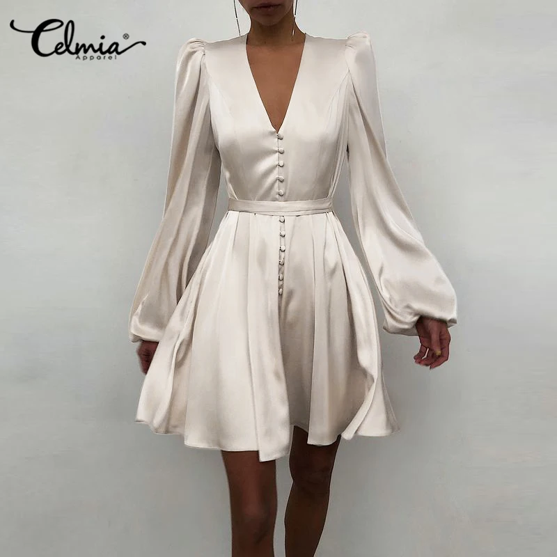 

Celmia Elegant High Waist Mini Sundress 2022 Summer Sexy V-Neck Dress Women Satin Long Sleeve Party Vestidos Bandage Solid Robe