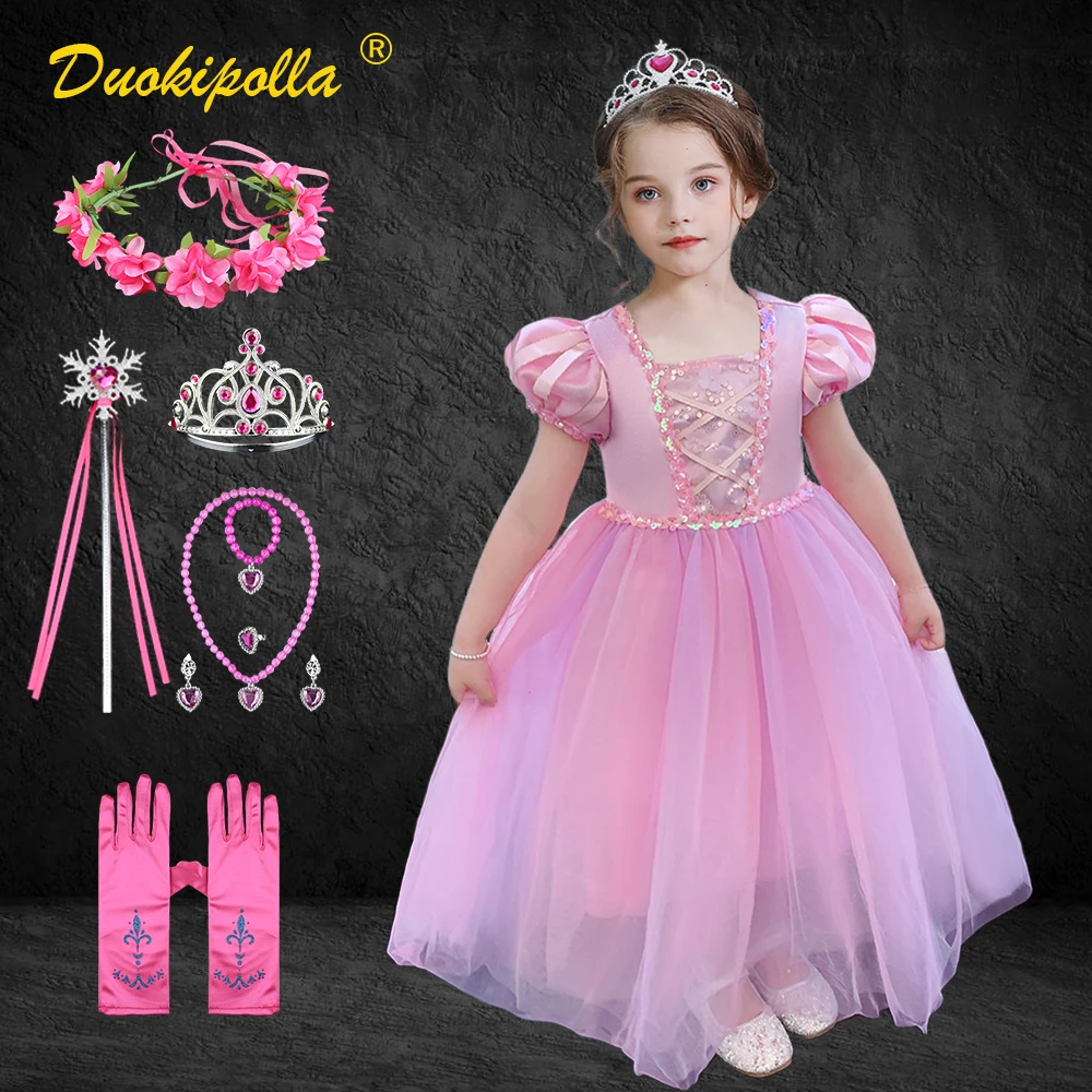 С милым принтом Рапунцель для девочек маскарадный карнавальный костюм принцессы