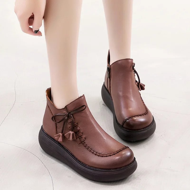 Gykaeo Ethnic Style Women Casual High Heels Genuine Leather Ankle Boots Winter Warm Wedges Shoes Woman Botas Mujer Invierno 2021 | Обувь