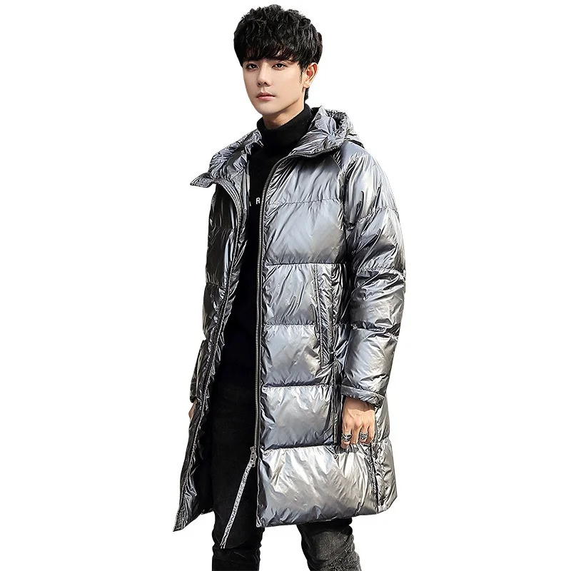 Серебряное пуховое пальто блестящая Черная куртка мужское теплое зимнее с