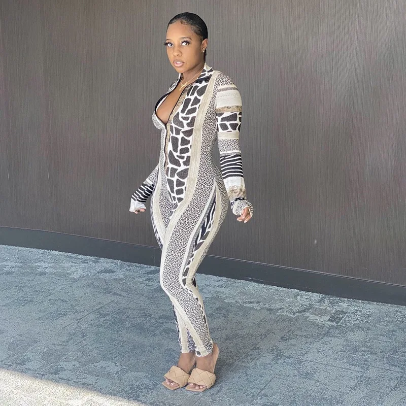 

ANJAMANOR Animal Printed Fashion Sexy Jumpsuit Women Club Wear Front Zip Long Sleeve Bodycon Romper One Piece Outfit D87-CF26