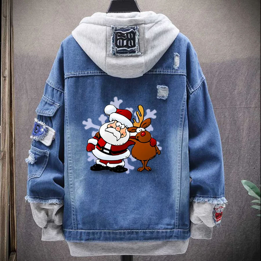 Santa Christmas New Year Print Denim Jacket For Men Style Streetwear Hip Hop Varsity Jean Autumn Vintage Jeans Coat Ropa | Мужская