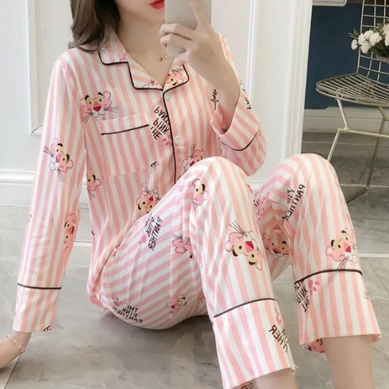 

2021 New Long Sleeved Women Pajamas Set Fashion Lovely Print HomeWear Leisure Clothes Women Long Pant Pyjamas Sets Nightwear