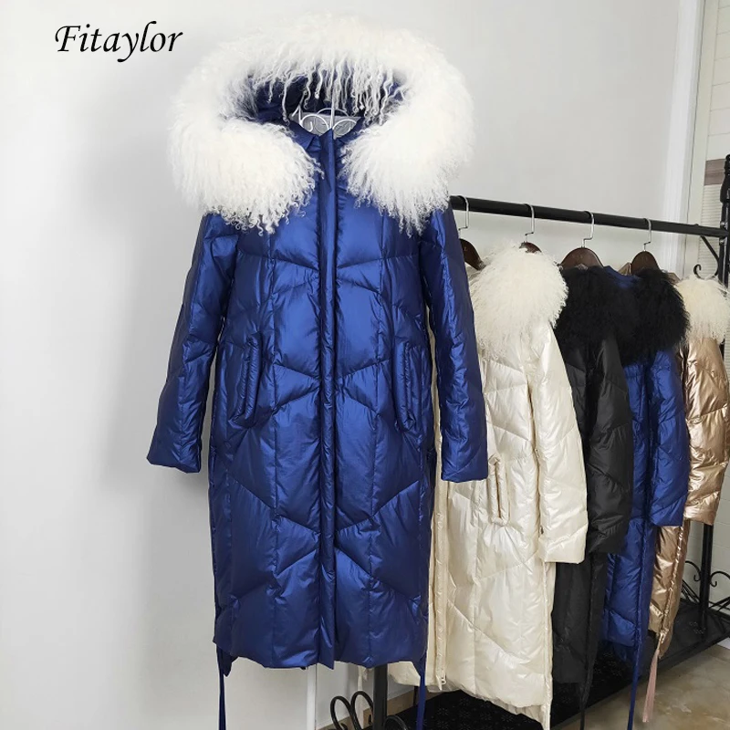 Fitaylor Зимняя женская парка с капюшоном на белом утином пуху большой натуральный