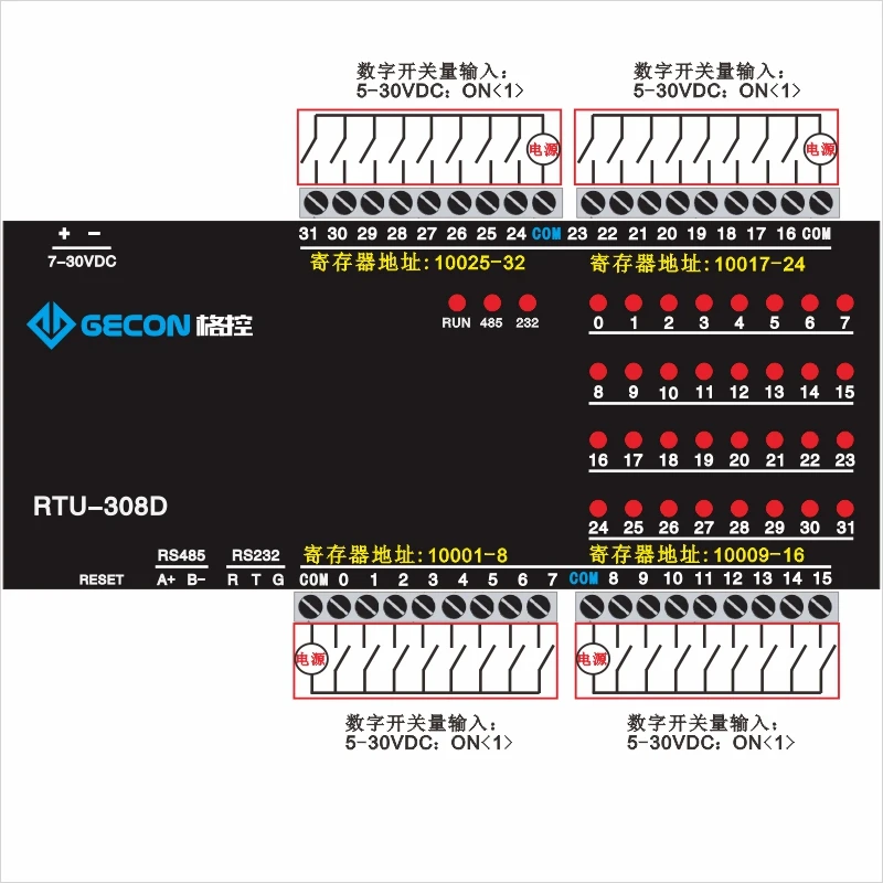 

7-30VDC 32-channel DI digital switch input button and other status information collection Upload the upper computer via RS485