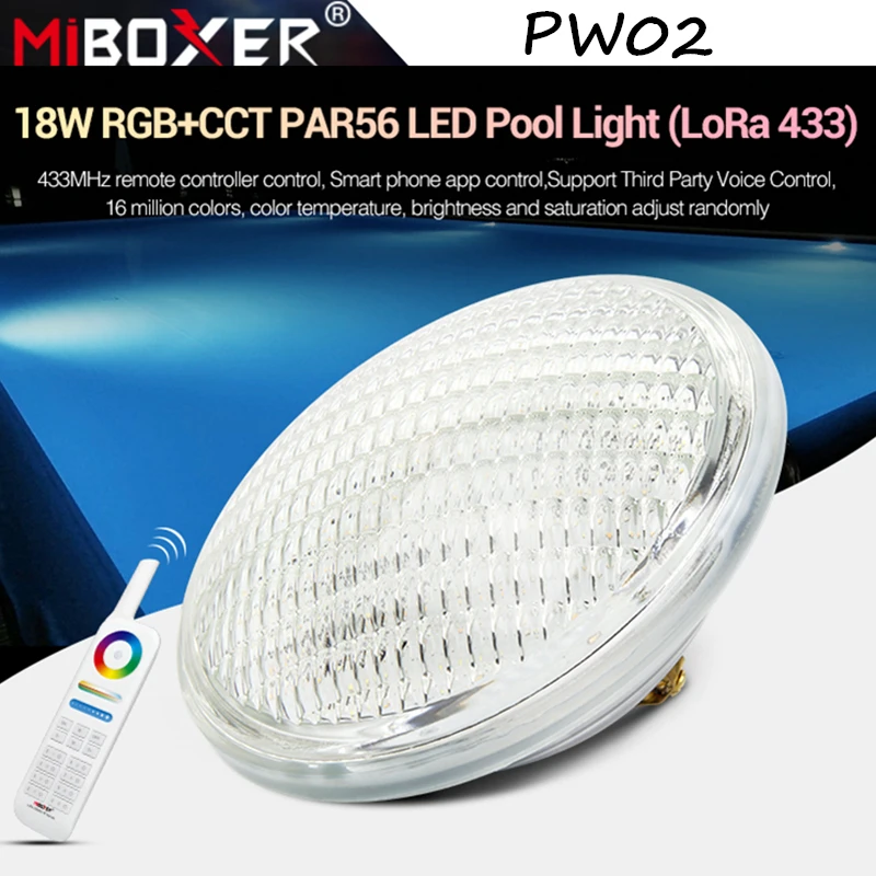 

MiBoxer PW02 18W RGB CCT PAR56 LED Pool Light IP68 Waterproof Underwater Light Lamp 433MHz Gateway,8-Zone Remote AC12V / DC12~24