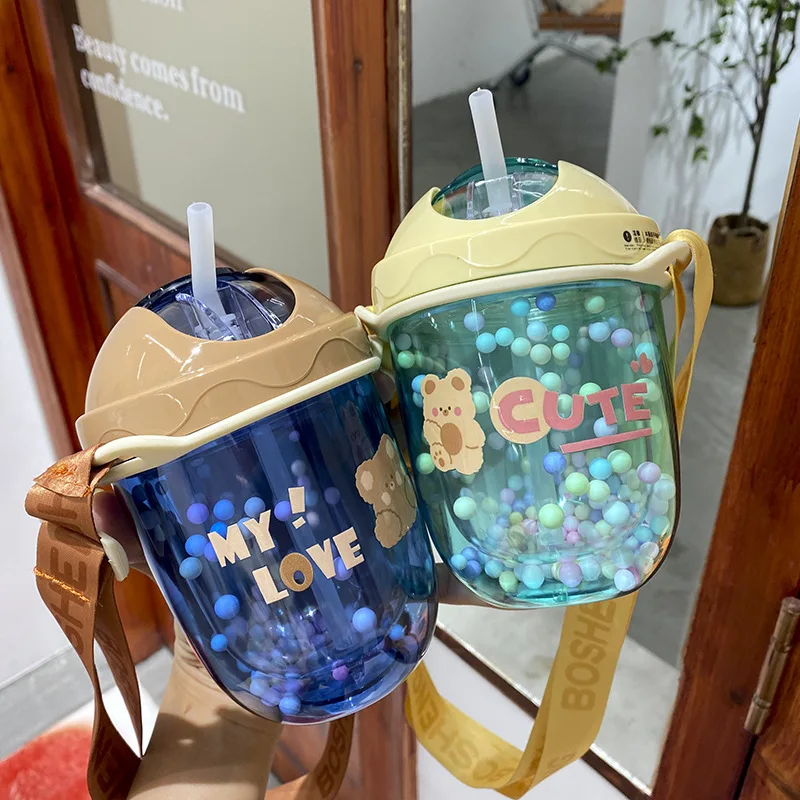 

300Ml Cute Straw Plastic Water Bottle Bpa Free Outdoor Transparent Juice Drinking Cup Suitable for Adult Children with Cup Belt