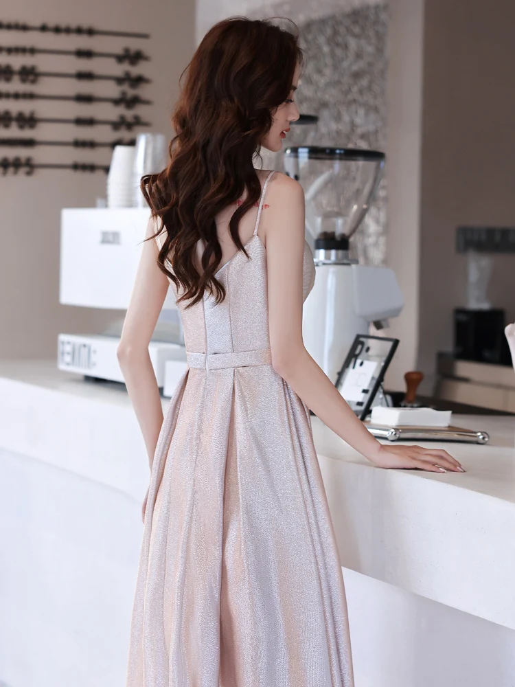 

Romantic Spaghetti Strap A Line Formal Evening Dress Classic Strapless Bowknot Collect Waist Prom Dress Female Party Gown