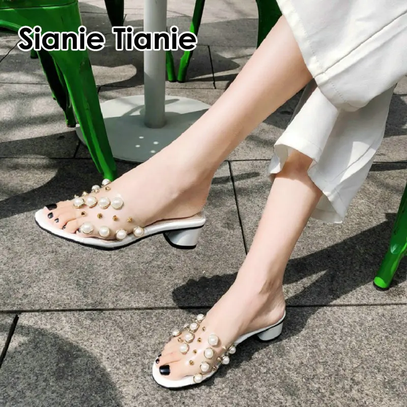 Женские прозрачные шлепанцы с открытым носком si001 белые сандалии из ПВХ жемчугом