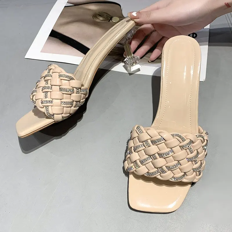 

DLEK Transparent Heels Summer Women Slippers Weave Metal Decration Stiletto Sandals Female Shoes High Heels Casual Slipper Home