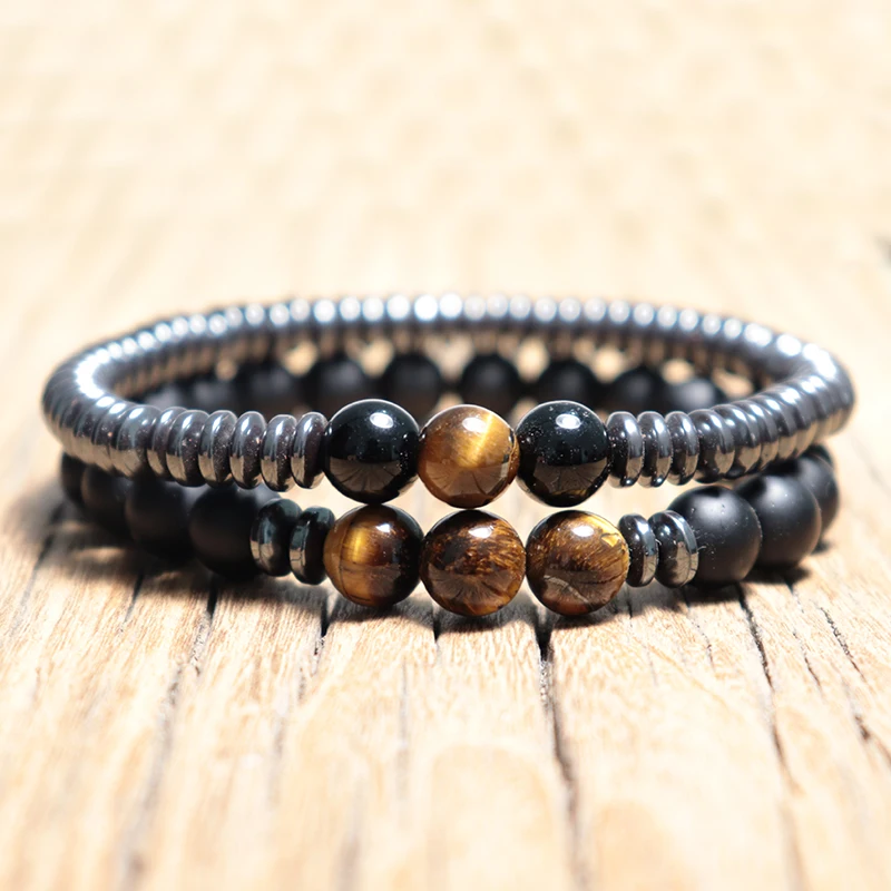 Fashion 2 Pcs/Set Natural Stone Beads Bracelet Luxury Hematite Obsidian Yoga Braclet Sets For Men Armband Mala Jewelry Bileklik | Украшения