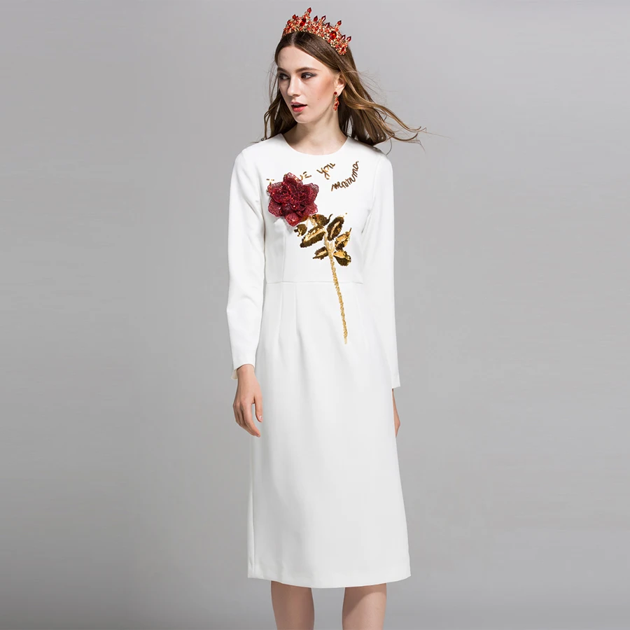 

Office New Lady Arrival Women Dresses Autumn Fashion Designer White / Black Rose Knee-Length Long Slevee Sequined Dress