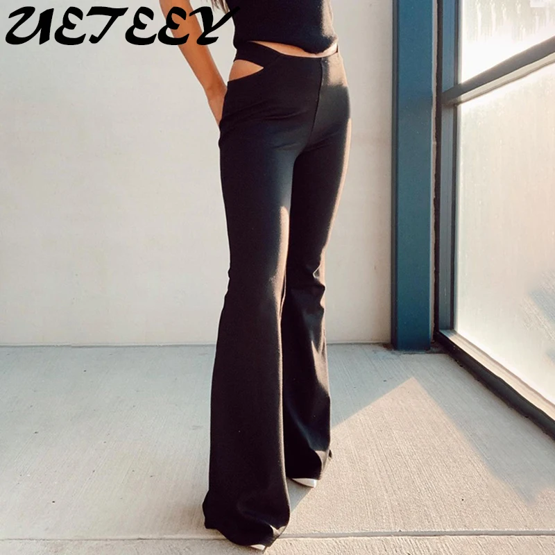 

Women Casual Skinny Long Flare Wide Leg Pants Autumn 2021 Hollow Out High Waist Fashion Trousers Vintage Outfit Party Clothes