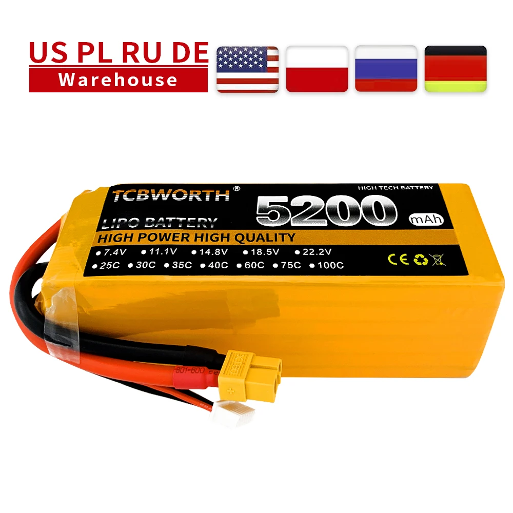 

TCBWORTH RC LiPo Battery 6S 22.2V 5200mAh 60C Li-Poly Batteries 6S For RC Model Airplane Car Boat Drone Rechargeable AKKU