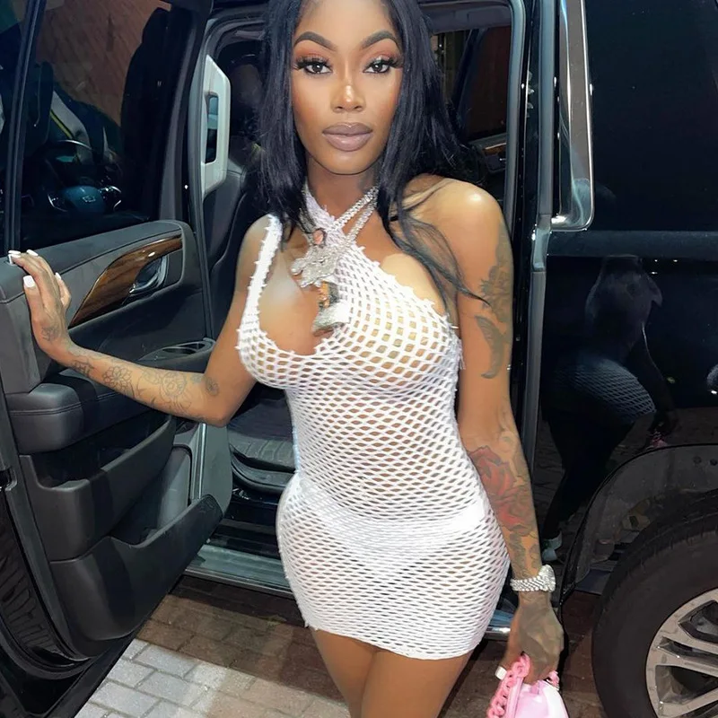 

Sexy one-shoulder hollow fishnet net yarn dress birthday party club suit see-through tight dress