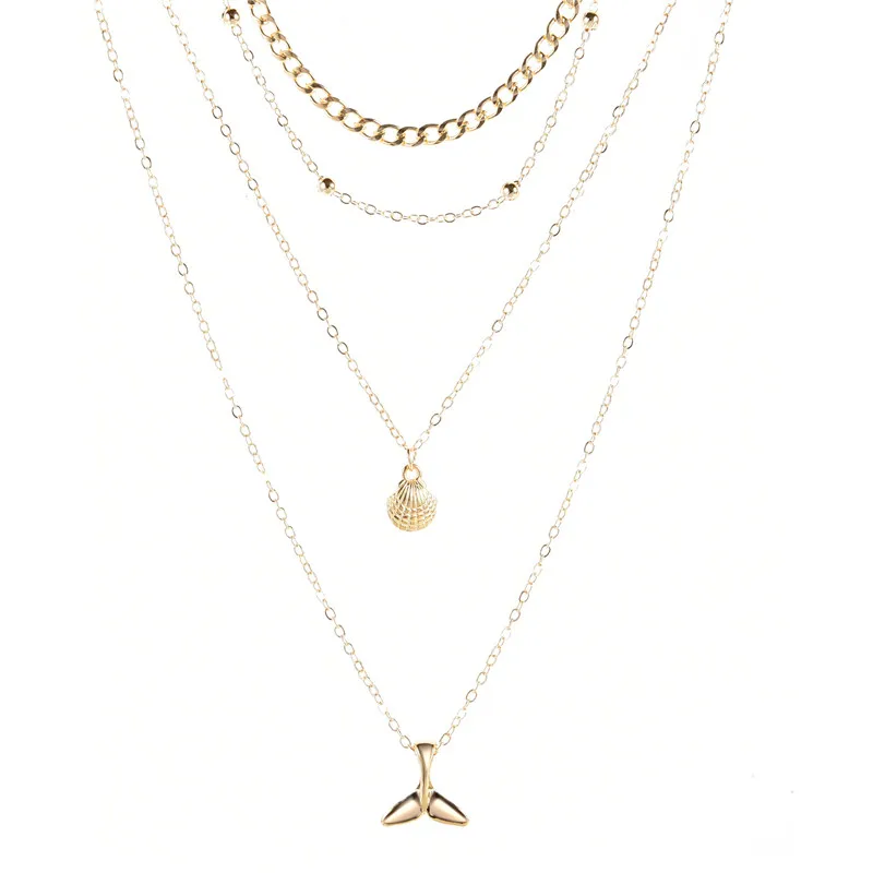 

Gold Silver Color Multilayer chain Necklace Women Jewelry Simple Boho Beads Chain Choker Necklace Dolphin Tail Pendant Jewelry