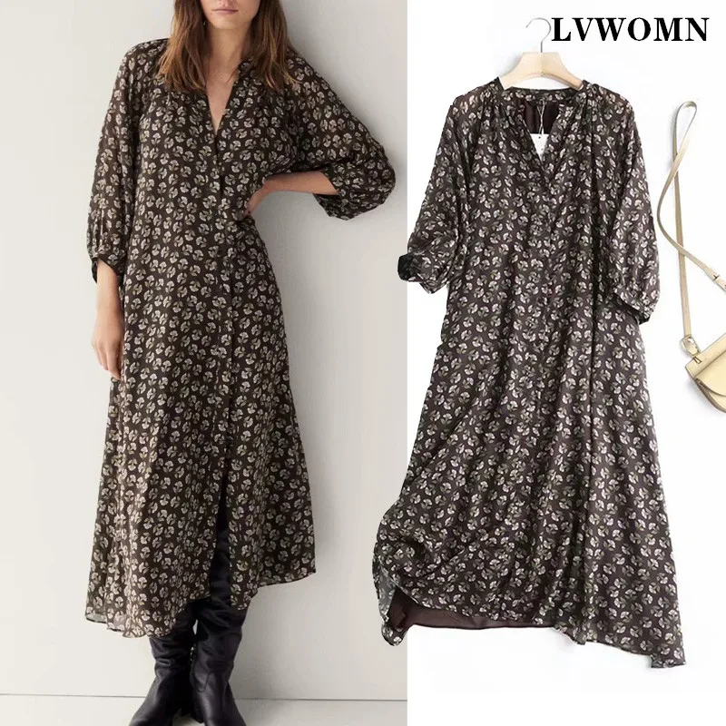 

LVWOMN Za Women Dress 2021 French Vintage Floral V neck 3/4 Sleeve Midi Casual Dress Women Summer Elegant Button Maxi Dresses