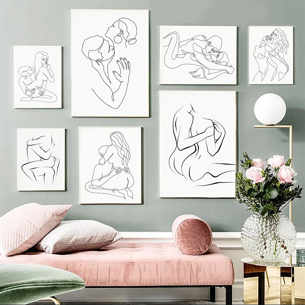 

Couple Love Scene Line Art Prints Naked Couple Poster Nudes Sexy Drawing Canvas Painting Minimalist Bed Room Home Decor Pictures