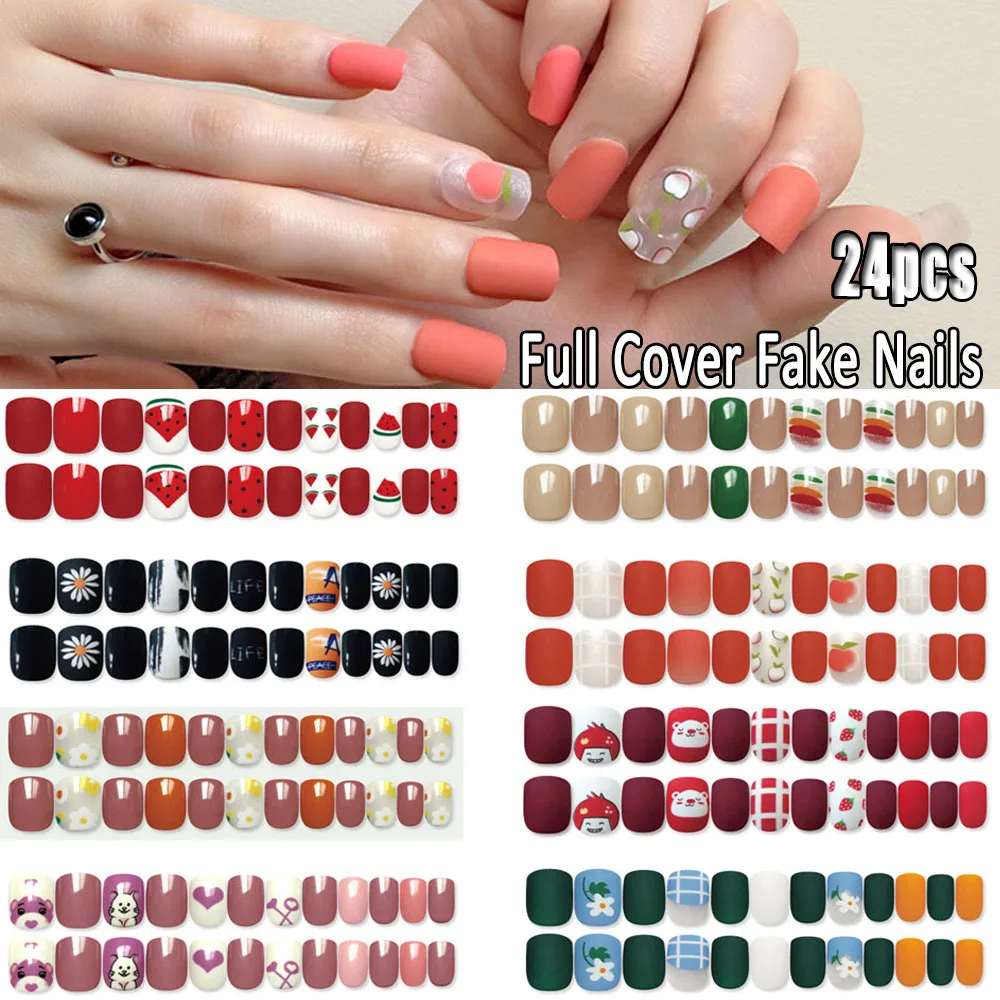 24 шт Элегантный фруктовый цветок поддельные ногти нажмите на искусственные