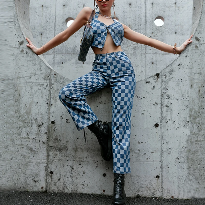 

GypsyLady Halter Cropped Top Pant Sets Women 2 Piece Set Y2K Plaid Backless Sexy Two Piece Set Sleeveless Autumn Sets Streetwear