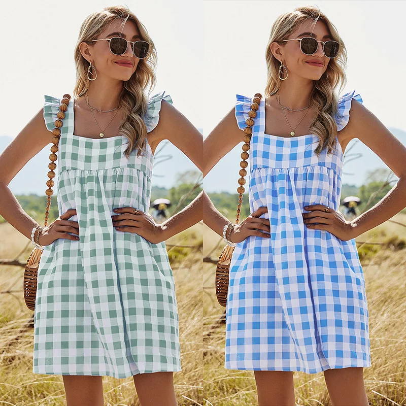 

Spring 2022 New European And American Women's Plaid High-Waisted A-Line Skirt Casual Square Collar Halter Dress