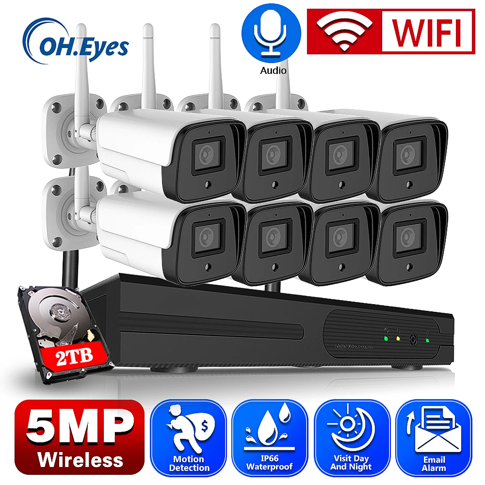 

OH.EYES 5MP H.265+ Wireless Cameras Monitoring Wifi Set 8CH CCTV Security NVR WIFI Camera Kit Remote Viewing 1T HDD IP66