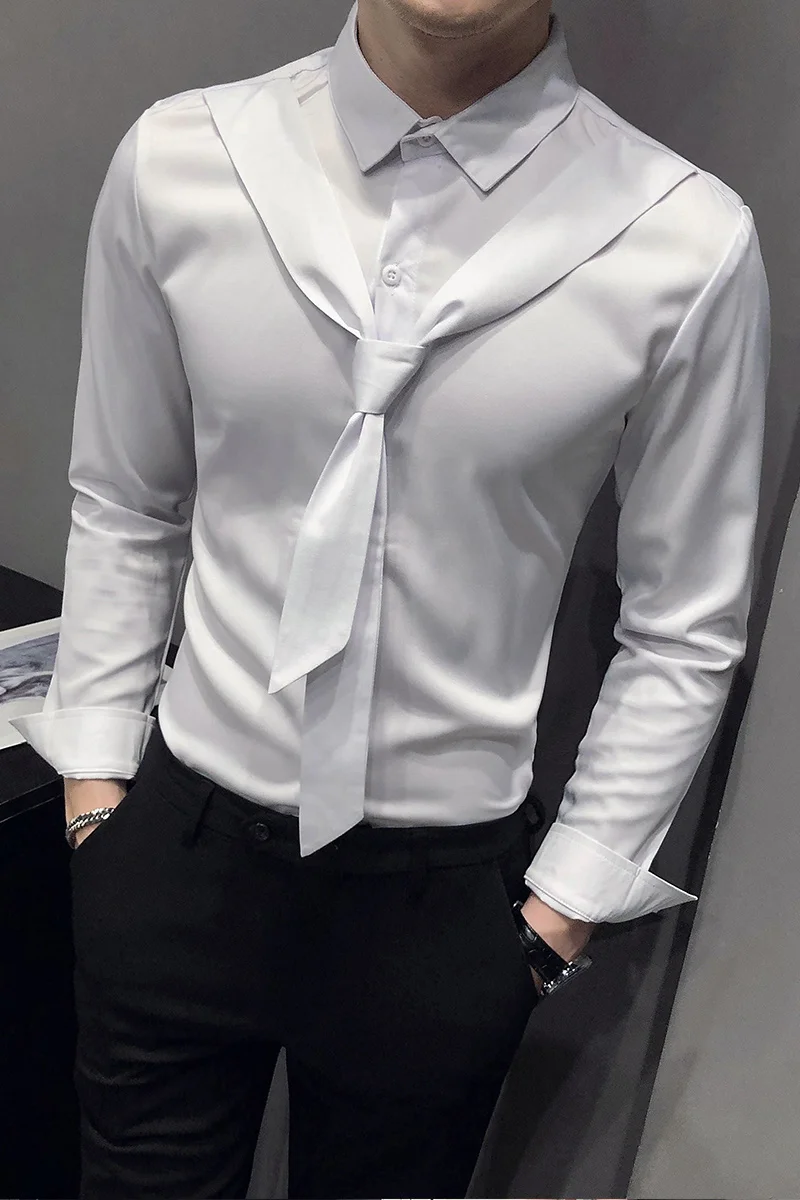 Fashion Solid Shirts for Men Long Sleeve Streetwear Chemise Homme Tie Decoration Slim Fit Casual Shirt Party Men Clothing Camisa