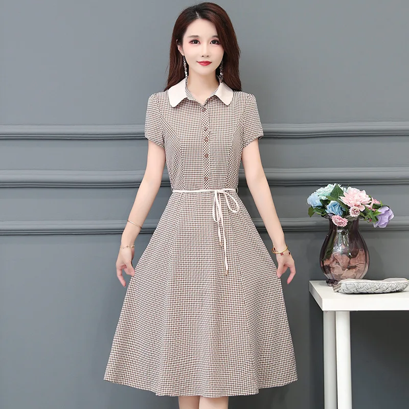 

2020 Summer Wear New Currently Available Slim Fit Slimming Artistic tian si ma Plaid Waist Elegant Large Size Mid-length Dress